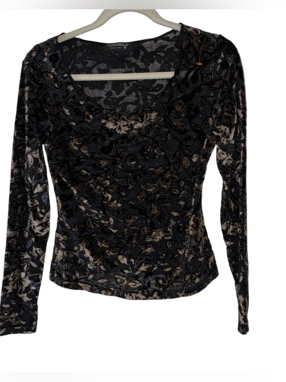 Cosabella Black Floral Long Sleeve Scoop Neck Top with Gold Accents Sz S